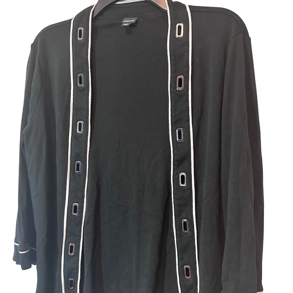 Rafaella Womens Black Open Front Cardigan Grommet Trim 100% Cotton Size Small